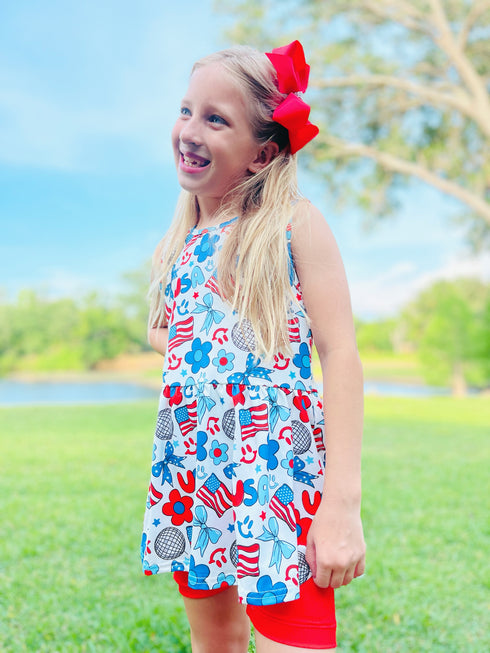 Girls Patriotic Party Biker Shorts Set with Matching Bow - Bowtism